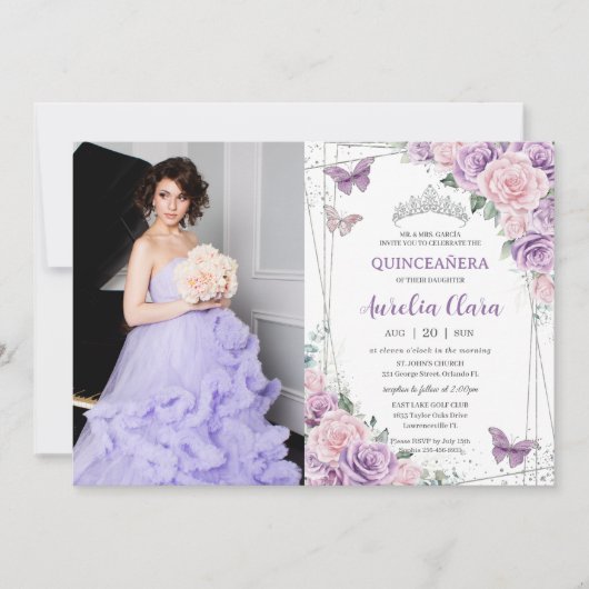 Quinceañera Lila Lilac Pink Flora Schmetterlinge Einladung (Vorderseite)