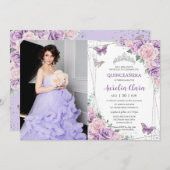 Quinceañera Lila Lilac Pink Flora Schmetterlinge Einladung (Vorne/Hinten)