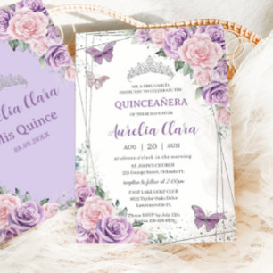 Quinceañera Lila Lilac Pink Flora Schmetterlinge Einladung
