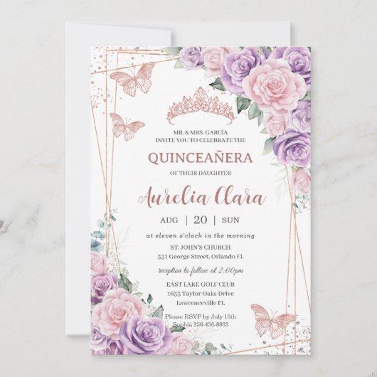 Quinceañera Lila Lilac Pink Rose Gold Einladung (Vorderseite)