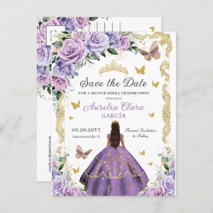 Quinceañera Lila Lilac Rose Floral Gold Prinzessin Ankündigungspostkarte