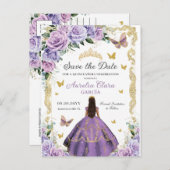 Quinceañera Lila Lilac Rose Floral Gold Prinzessin Ankündigungspostkarte (Vorne/Hinten)