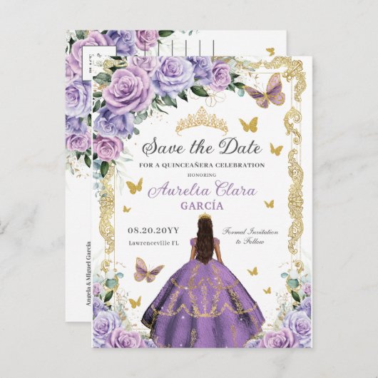 Quinceañera Lila Lilac Rose Floral Gold Prinzessin Ankündigungspostkarte (Vorne/Hinten)