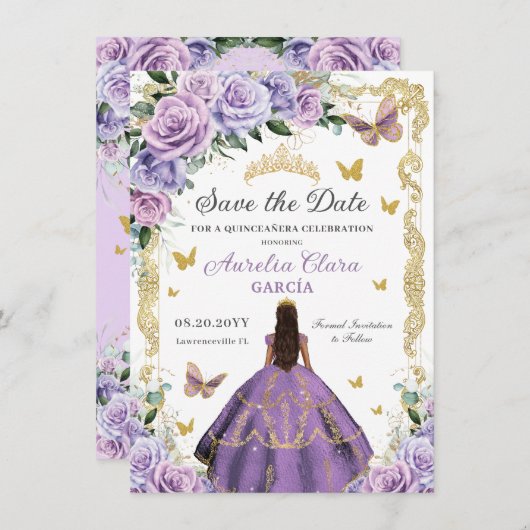 Quinceañera Lila Lilac Rose Floral Gold Prinzessin Save The Date (Vorne/Hinten)