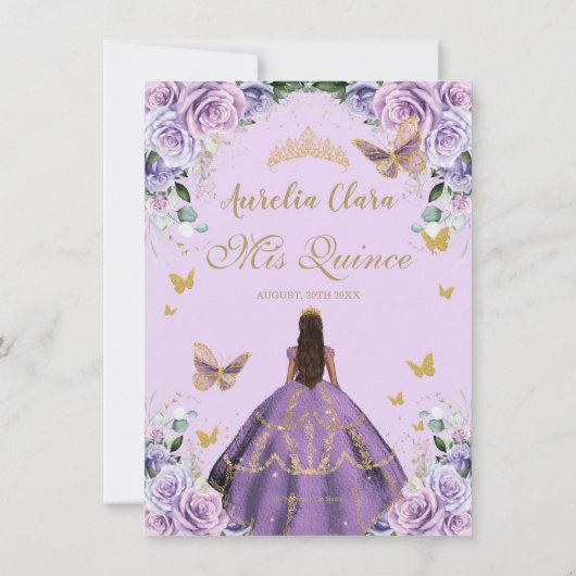 Quinceañera Lila Lilac Rose Floral Gold Prinzessin Save The Date (Rückseite)