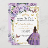 Quinceañera Lila Lilac Rose Floral Gold Prinzessin Save The Date (Vorne/Hinten)