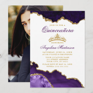 Quinceanera Lila Marble Gold Crown Foto Einladung