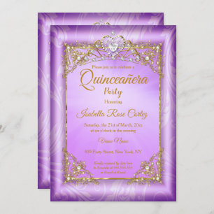 Quinceanera Lila Perle Foto Gold Tiara Party Einladung
