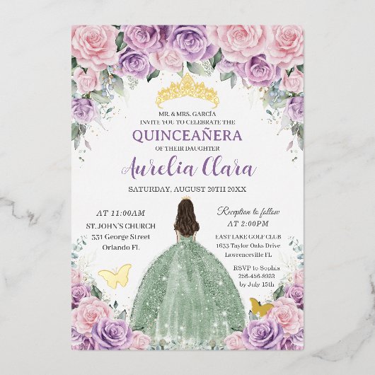 Quinceañera Lila Pink Floral Sage Grünes Kleid Folieneinladung (Vorderseite)