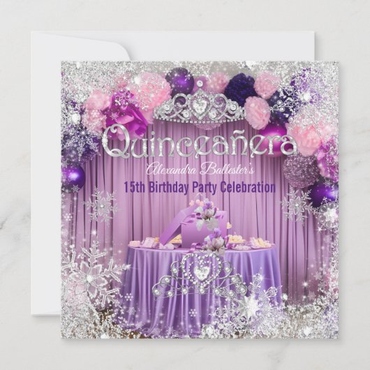 Quinceanera Lila Pink Silver Tiara Schneeflocke Einladung (Vorderseite)