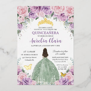 Quinceañera Lila Rosa Blumen- Salbei Grünes Kleid Folieneinladung