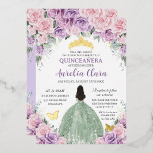 Quinceañera Lila Rosa Floral Salbeigrünes Kleid Folieneinladung