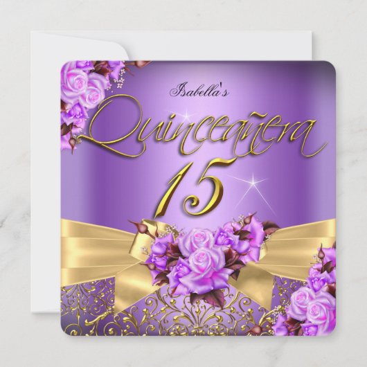 Quinceanera Lila Rosa Rose Birthday Gold Bogen Einladung (Vorderseite)
