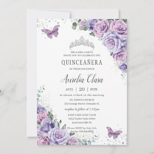 Quinceañera Lila Rose Blüten Schmetterlinge Foto Einladung (Rückseite)