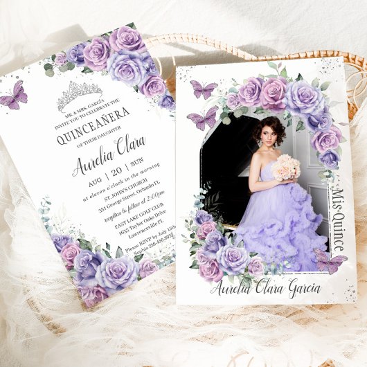 Quinceañera Lila Rose Blüten Schmetterlinge Foto Einladung