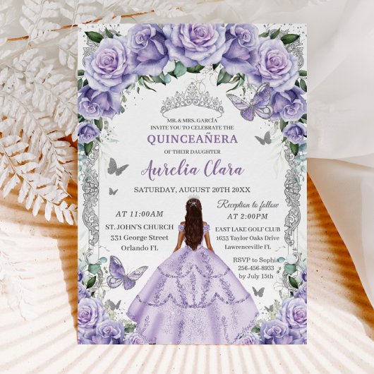 Quinceañera Lila Rose Floral Silver Princess Einladung