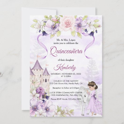 Quinceañera Lila Rose Floral Silver Princess Einladung (Vorderseite)