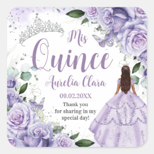 Quinceañera Lila Rose Floral Silver Princess Quadratischer Aufkleber