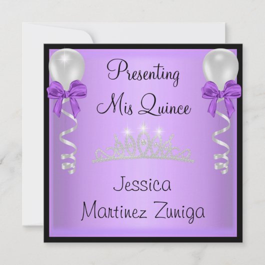 Quinceanera lila schwarzer silberner JuwelTiara Einladung (Vorderseite)