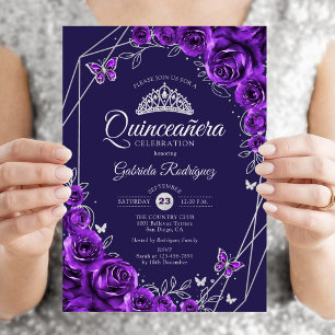 Quinceanera Lila Silber Blumen Einladung