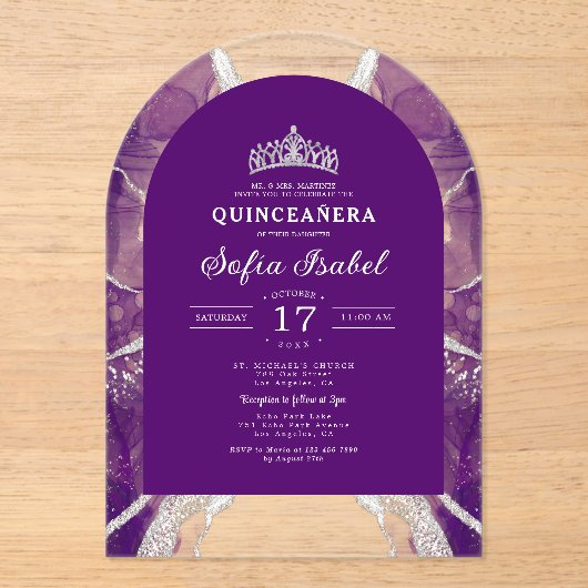 Quinceañera Lila Silver Agate Elegant Acryleinladungen (Vorderseite)