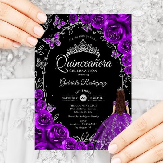Quinceanera Lila Silver Floral Einladung
