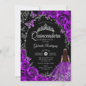 Quinceanera Lila Silver Floral Einladung (Vorderseite)