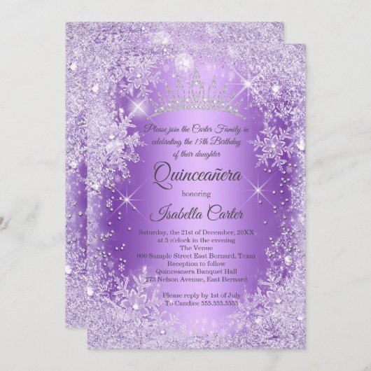 Quinceanera Lila Snowflake Winter Wonderland Einladung (Vorne/Hinten)