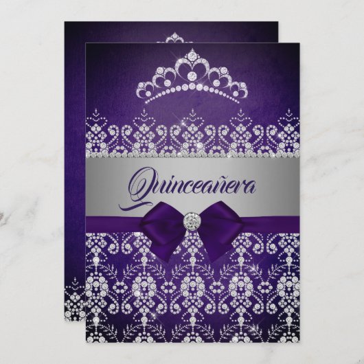 Quinceanera Lila Sparkle Diamond Tiara Bow Einladung (Vorne/Hinten)