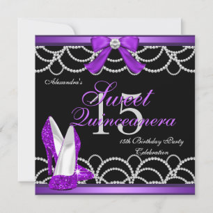 Quinceanera Lila Sweet 15 Party Glitter Schwarz Einladung