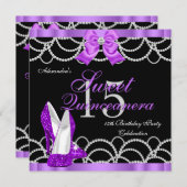 Quinceanera Lila Sweet 15 Party Glitzer Black Einladung (Vorne/Hinten)