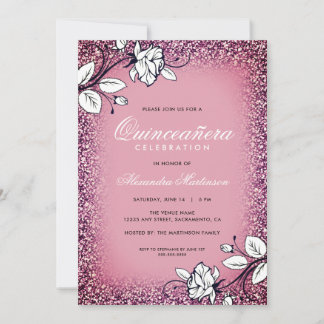 Quinceanera Lila und Glitzer Weiße Rosen Einladung