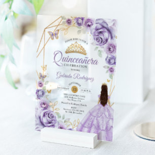 Quinceanera-Lila-Violett-Kleid Floral Gold Acryleinladungen