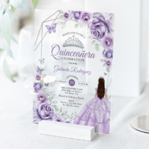 Quinceanera-Lila-Violett-Kleid Floral Silber Acryleinladungen