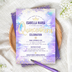Quinceañera Lila Wasserfarbe Chic Krone Echtgold Folieneinladung