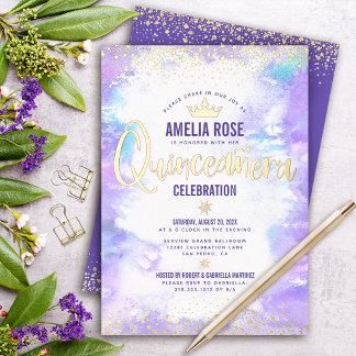 Quinceañera Lila Watercolor Glam Crown Real Gold Folieneinladung