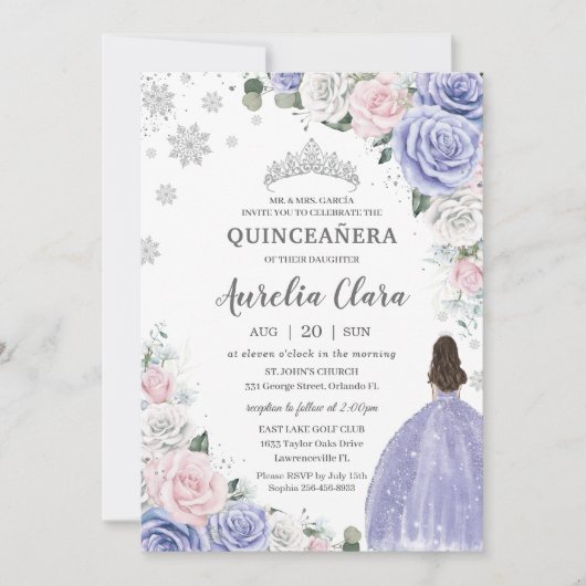 Quinceañera Lila Weißrosa Blütenschnee Einladung (Vorderseite)