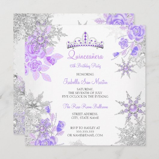 Quinceanera Lila Winter Wonderland Schneeflocke Einladung (Vorne/Hinten)