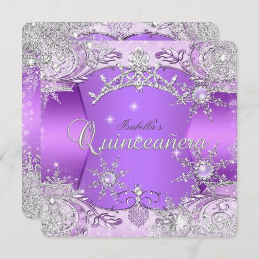 Quinceanera Lila Winter Wonderland Schneeflocken Einladung (Vorne/Hinten)