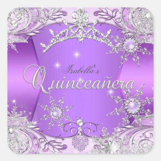 Quinceanera Lila Winter Wonderland Schneeflocken Quadratischer Aufkleber (Vorderseite)