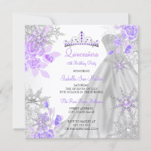 Quinceanera Lila Winterwunderland Schneeflocke 2 Einladung