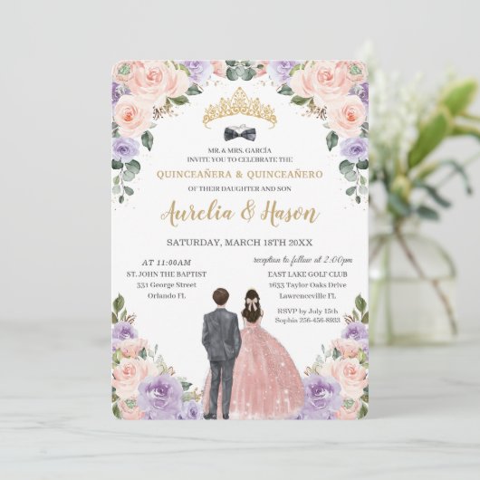 Quinceañera Lilac Blush Blume Twins Boy Girl Einladung (Stehend Vorderseite)