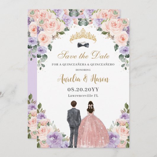 Quinceañera Lilac Blush Floral Twins Boy Girl Save The Date (Vorne/Hinten)