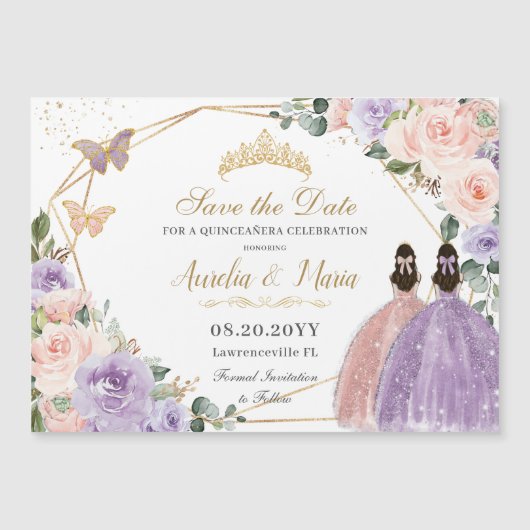 Quinceañera Lilac Blush Rose Gold Twins Magnetkarte (Vorderseite)