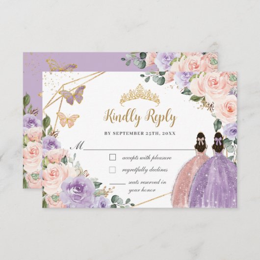 Quinceañera Lilac Blush Rose Gold Twins RSVP Karte (Vorne/Hinten)