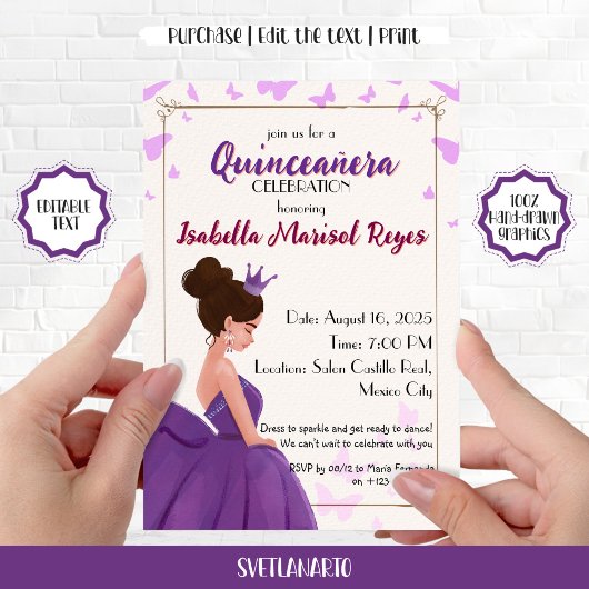 Quinceañera Lilac Elegante Prinzessin Einladung