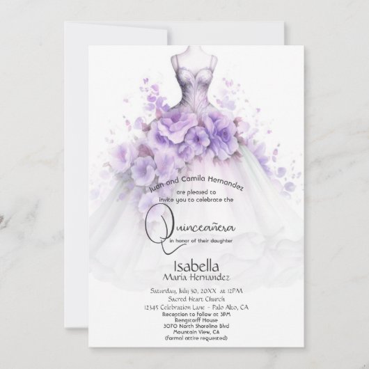 Quinceañera | Lilac Floral Gown Einladung (Vorderseite)