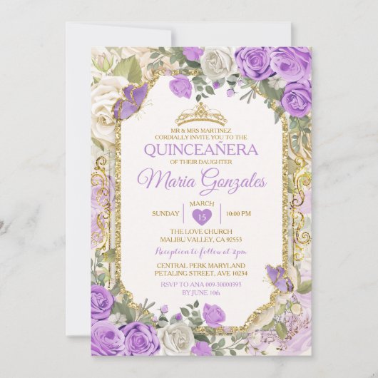 Quinceañera Lilac & Gold Crown Mexican Butterfly Einladung (Vorderseite)