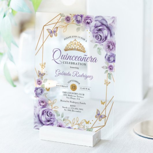 Quinceanera Lilac Lila Floral Acryleinladungen