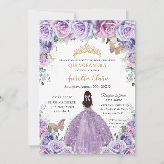Quinceañera Lilac Lila Floral Gold Schmetterlinge Einladung (Vorderseite)